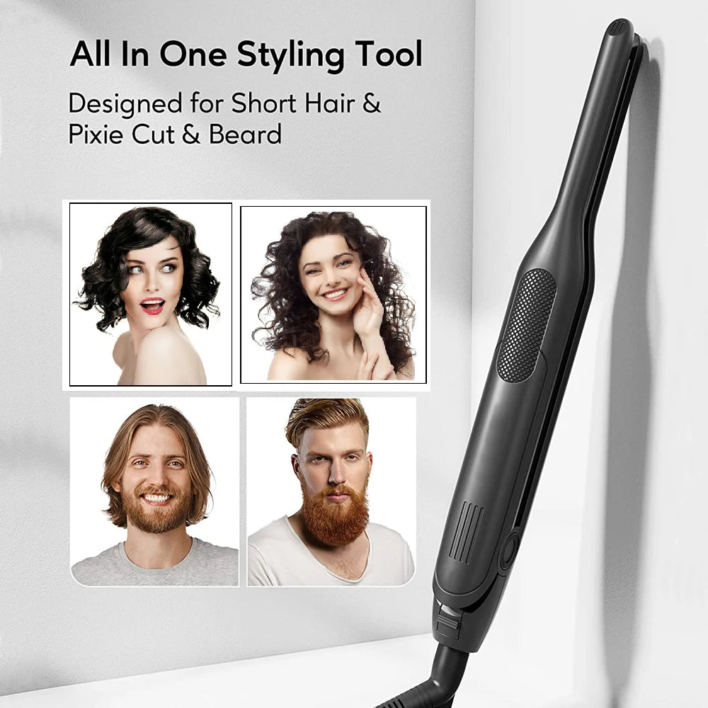 Mini Hair Curler 2 in 1 Pencil Hair Straightener Titanium Plate Thinnest Narrow Flat Iron with LED Display for Short Beard Hair