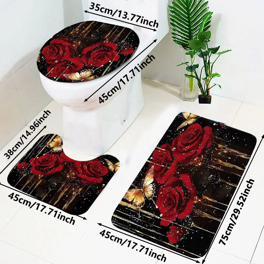 Bathroom Three-Piece Set: Non-Slip Toilet Seat Cover + Floor Mat + U-Shaped Mat, Red Rose Gold Glitter Pattern Bathroom Decoration Set