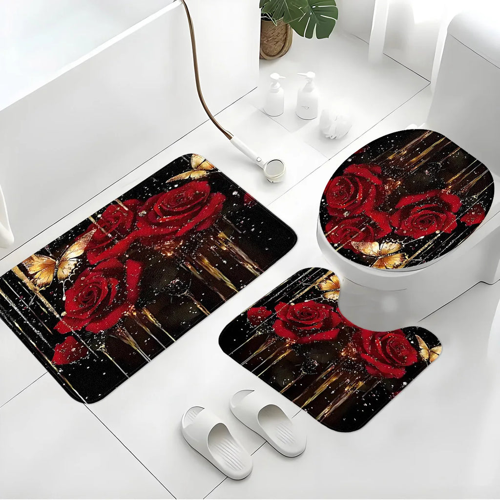 Bathroom Three-Piece Set: Non-Slip Toilet Seat Cover + Floor Mat + U-Shaped Mat, Red Rose Gold Glitter Pattern Bathroom Decoration Set