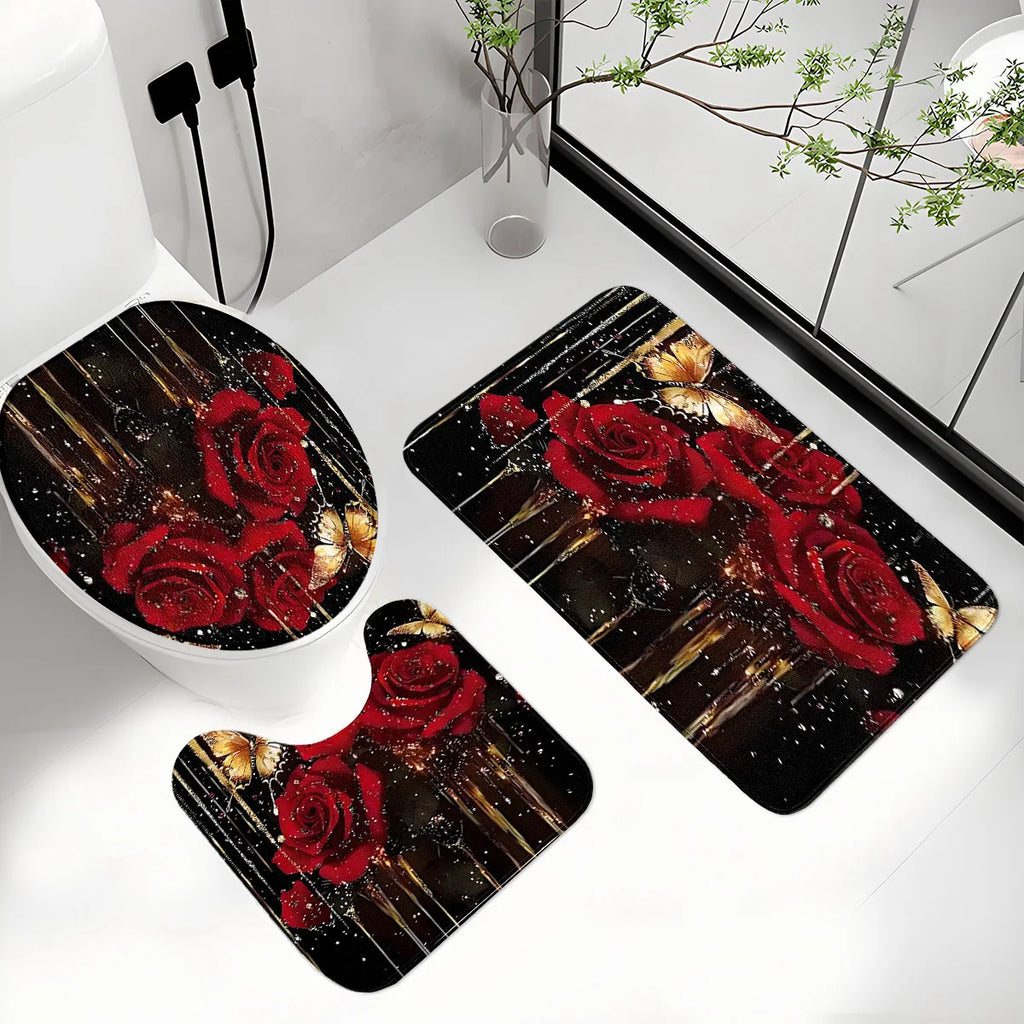 Bathroom Three-Piece Set: Non-Slip Toilet Seat Cover + Floor Mat + U-Shaped Mat, Red Rose Gold Glitter Pattern Bathroom Decoration Set