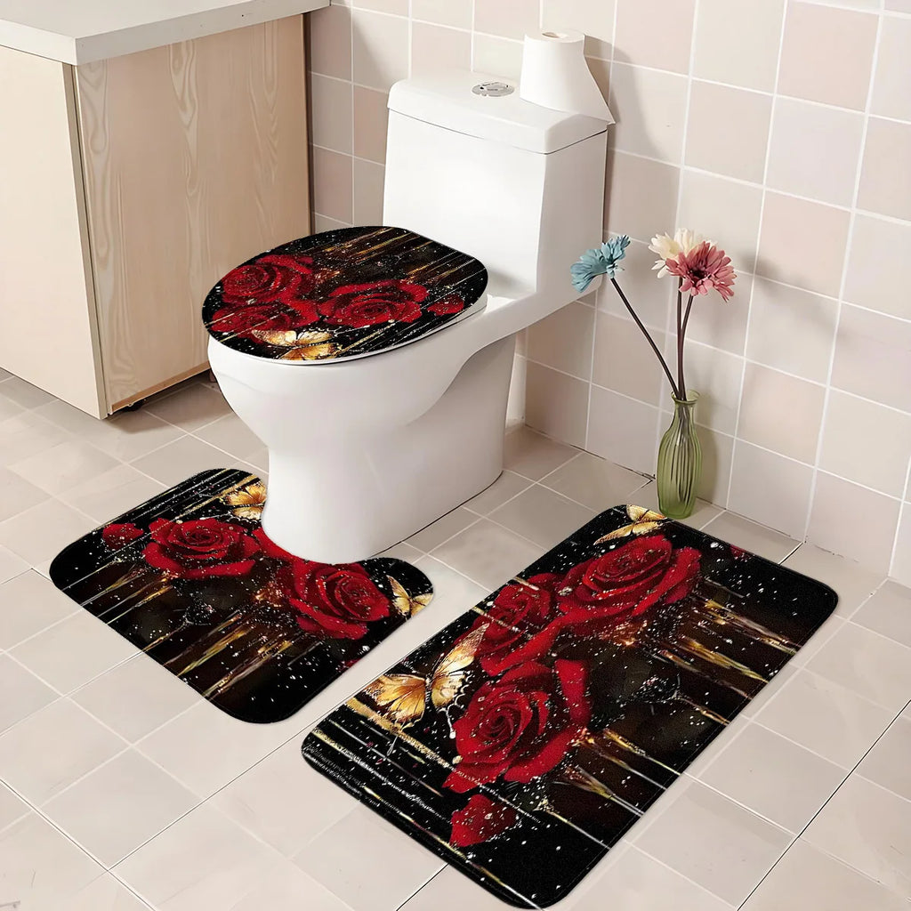 Bathroom Three-Piece Set: Non-Slip Toilet Seat Cover + Floor Mat + U-Shaped Mat, Red Rose Gold Glitter Pattern Bathroom Decoration Set