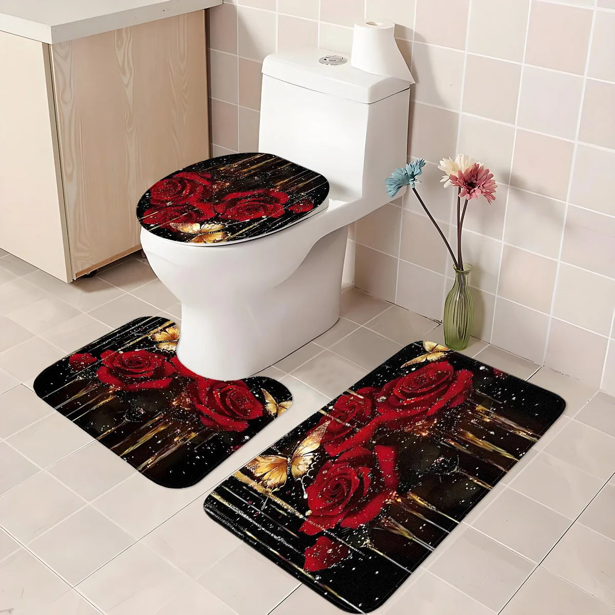 Bathroom Three-Piece Set: Non-Slip Toilet Seat Cover + Floor Mat + U-Shaped Mat, Red Rose Gold Glitter Pattern Bathroom Decoration Set