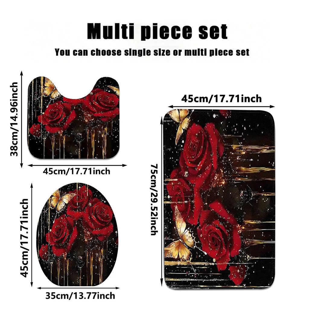 Bathroom Three-Piece Set: Non-Slip Toilet Seat Cover + Floor Mat + U-Shaped Mat, Red Rose Gold Glitter Pattern Bathroom Decoration Set
